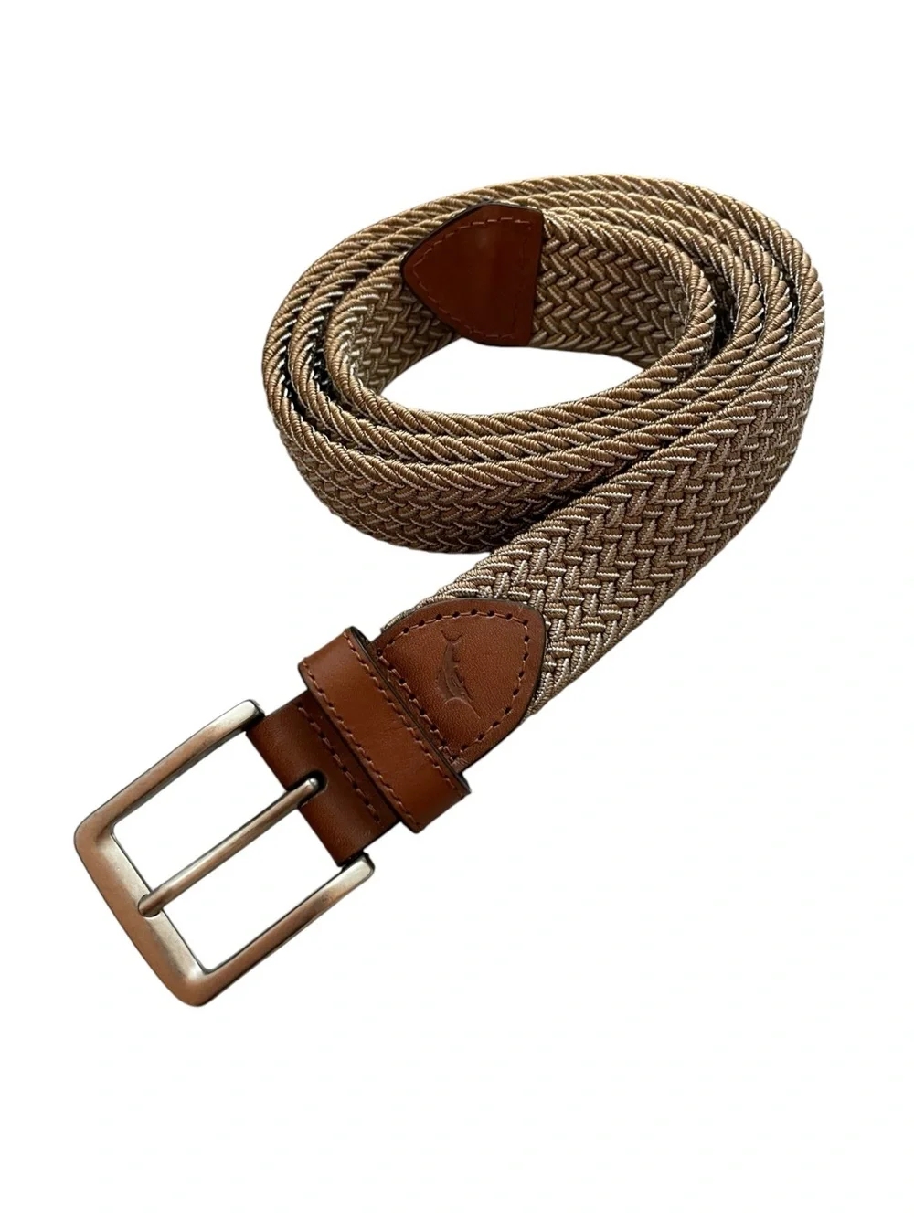 Tommy Bahama Mens Stretch 2-Tone Web Braid Belt Khaki Leather Trim Sz L 38-40  A